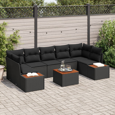 8 Piece Garden Sofa Set with Cushions Black Poly Rattan Acacia