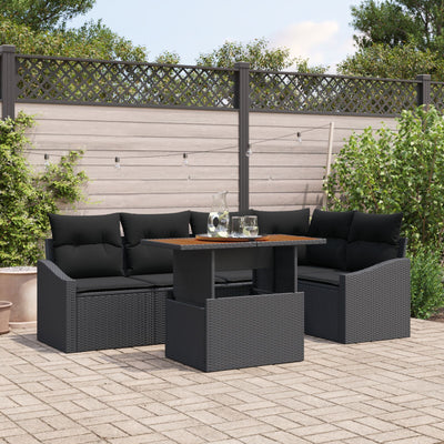 6 Piece Garden Sofa Set with Cushions Black Poly Rattan
