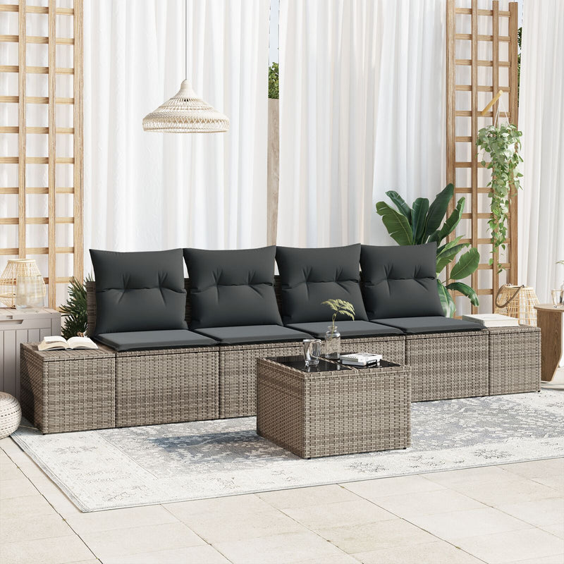 5 Piece Garden Sofa Set with Cushions Grey Poly Rattan