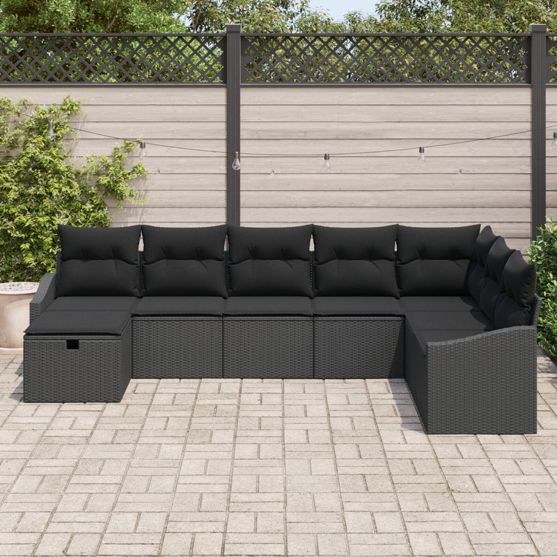 8 Piece Garden Sofa Set with Cushions Black Poly Rattan