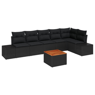 7 Piece Garden Sofa Set with Cushions Black Poly Rattan Acacia