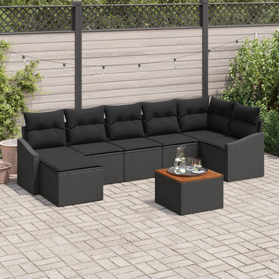 8 Piece Garden Sofa Set with Cushions Black Poly Rattan Acacia