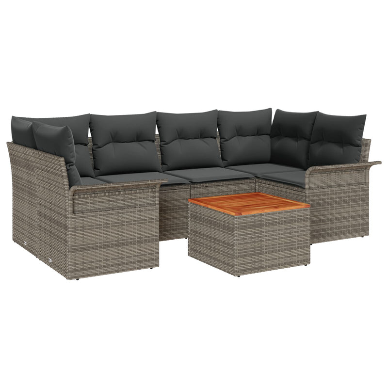7 Piece Garden Sofa Set with Cushions Grey Poly Rattan Acacia
