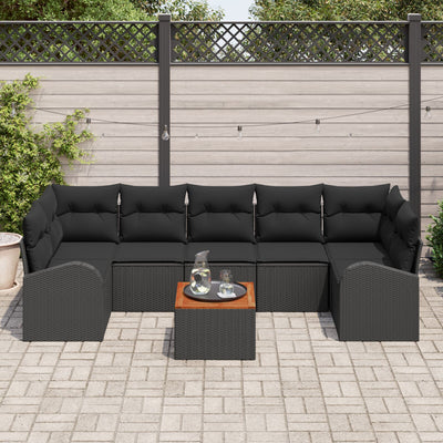 8 Piece Garden Sofa Set with Cushions Black Poly Rattan Acacia
