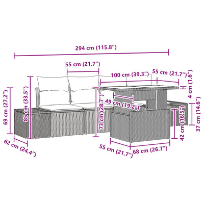 5 Piece Garden Sofa Set with Cushions Black Poly Rattan