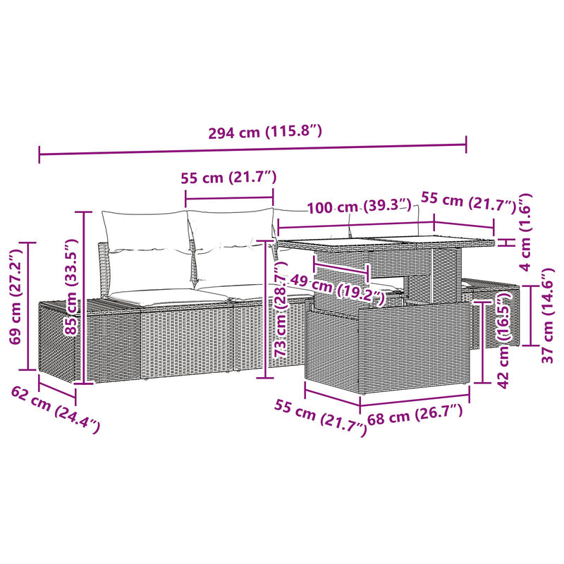 5 Piece Garden Sofa Set with Cushions Black Poly Rattan