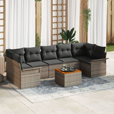 8 Piece Garden Sofa Set with Cushions Grey Poly Rattan Acacia