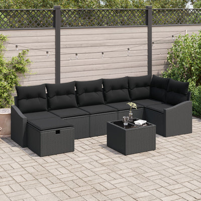 8 Piece Garden Sofa Set with Cushions Black Poly Rattan