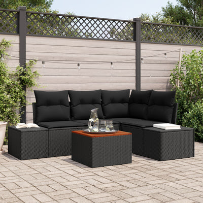 5 Piece Garden Sofa Set with Cushions Black Poly Rattan Acacia