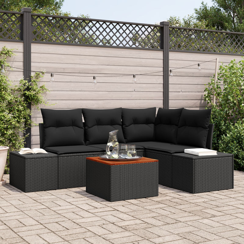 5 Piece Garden Sofa Set with Cushions Black Poly Rattan Acacia
