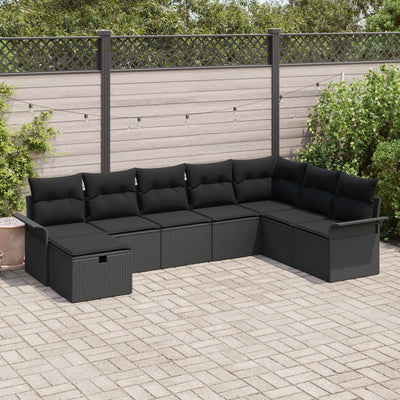 8 Piece Garden Sofa Set with Cushions Black Poly Rattan