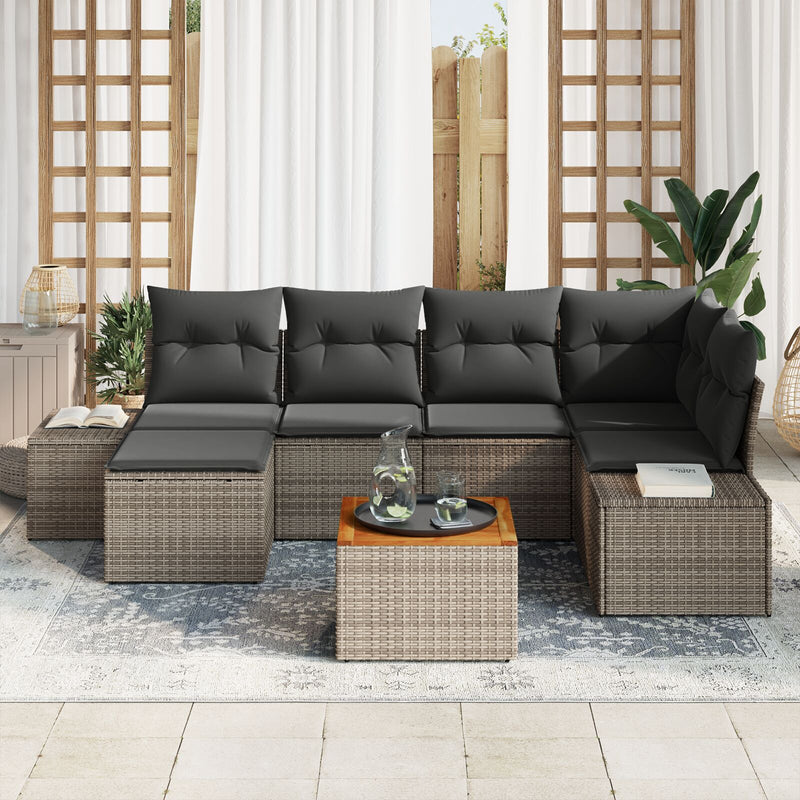 7 Piece Garden Sofa Set with Cushions Grey Poly Rattan Acacia