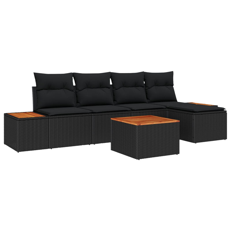6 Piece Garden Sofa Set with Cushions Black Poly Rattan Acacia