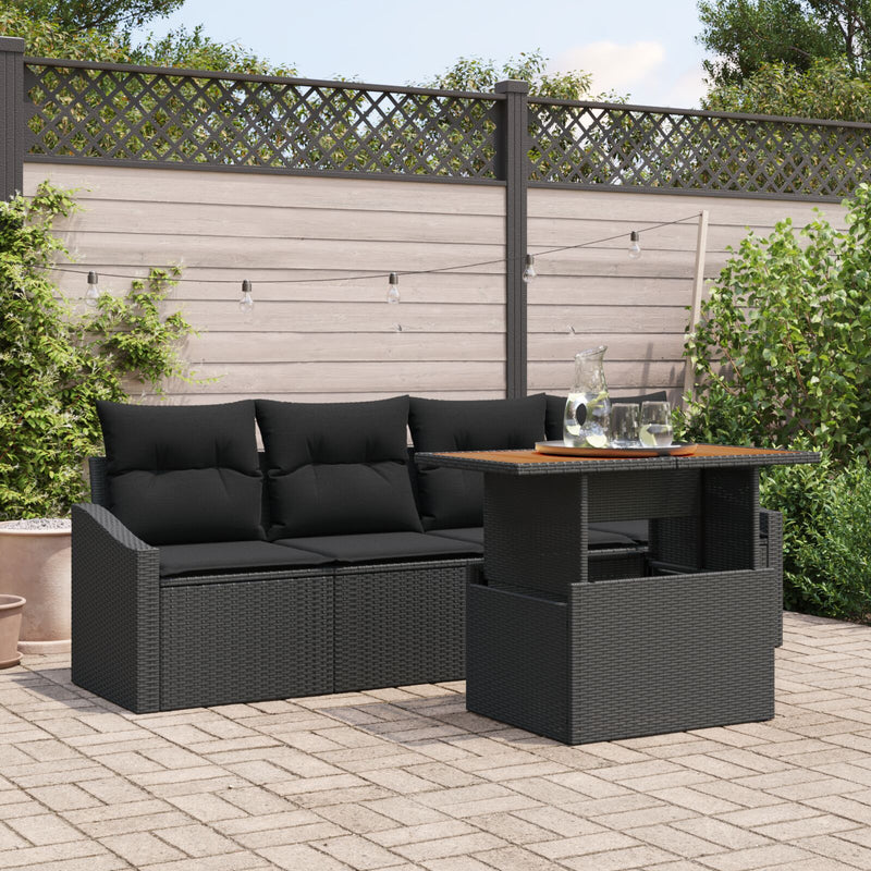 Garden Sofa Set Set of 5 Black Rattan, Polyester Outdoor Table