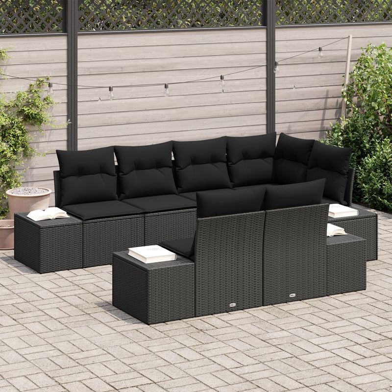 7 Piece Garden Sofa Set with Cushions Black Poly Rattan
