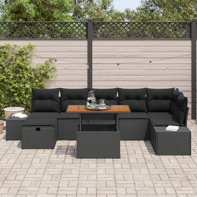 8 Piece Garden Sofa Set with Cushions Black Poly Rattan