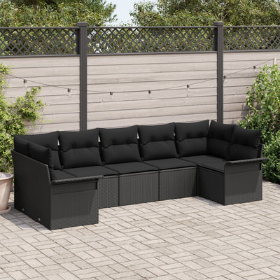 7 Piece Garden Sofa Set with Cushions Black Poly Rattan