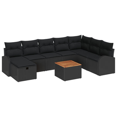 9 Piece Garden Sofa Set with Cushions Black Poly Rattan
