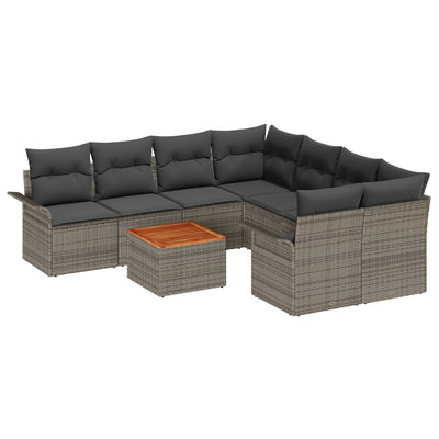 9 Piece Garden Sofa Set with Cushions Grey Poly Rattan Acacia