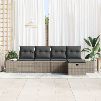 5 Piece Garden Sofa Set with Cushions Grey Poly Rattan