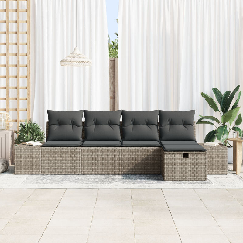 5 Piece Garden Sofa Set with Cushions Grey Poly Rattan