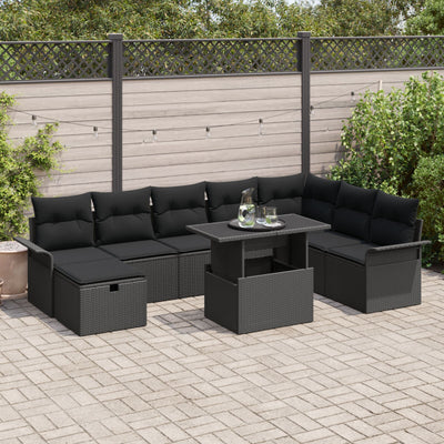 9 Piece Garden Sofa Set with Cushions Black Poly Rattan