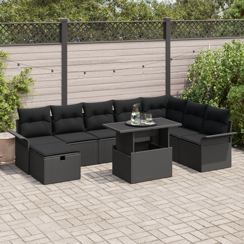 9 Piece Garden Sofa Set with Cushions Black Poly Rattan