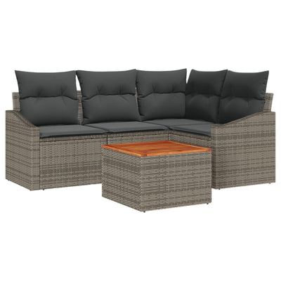 5 Piece Garden Sofa Set with Cushions Grey Poly Rattan Acacia