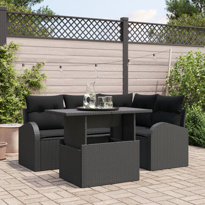 5 Piece Garden Sofa Set with Cushions Black Poly Rattan