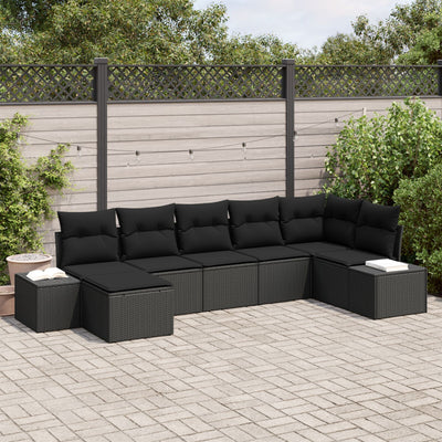 7 Piece Garden Sofa Set with Cushions Black Poly Rattan
