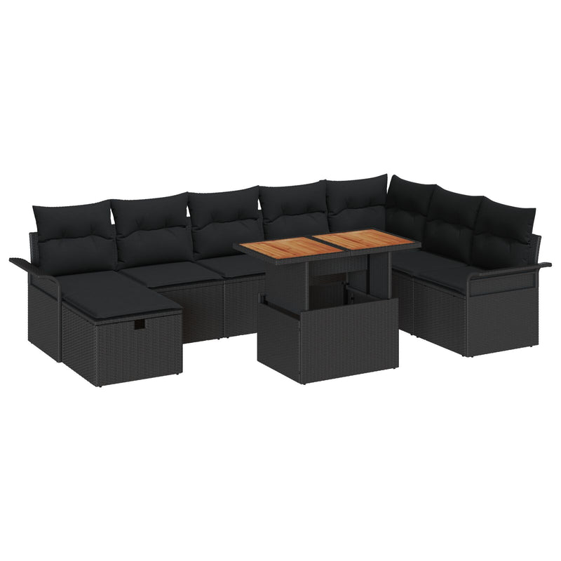 9 Piece Garden Sofa Set with Cushions Black Poly Rattan