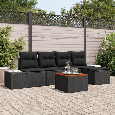 6 Piece Garden Sofa Set with Cushions Black Poly Rattan Acacia