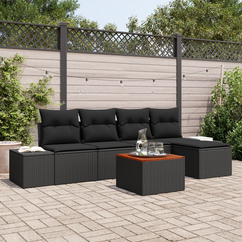 6 Piece Garden Sofa Set with Cushions Black Poly Rattan Acacia