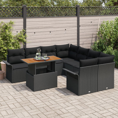 9 Piece Garden Sofa Set with Cushions Black Poly Rattan Acacia
