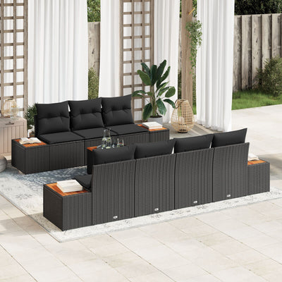 8 Piece Garden Sofa Set with Cushions Black Poly Rattan Acacia