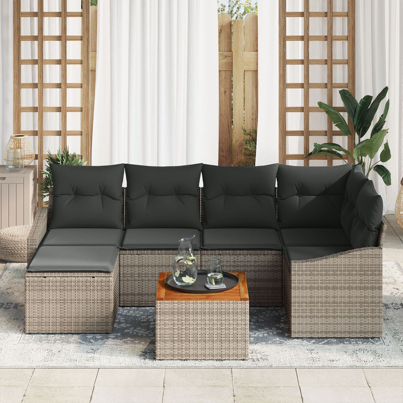 7 Piece Garden Sofa Set with Cushions Grey Poly Rattan Acacia