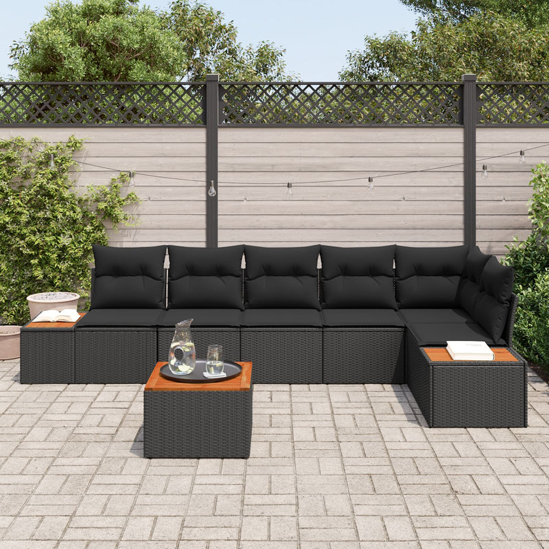 7 Piece Garden Sofa Set with Cushions Black Poly Rattan Acacia
