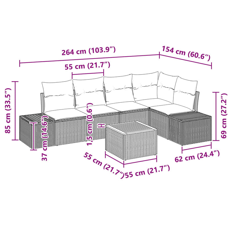 6 Piece Garden Sofa Set with Cushions Black Poly Rattan Acacia