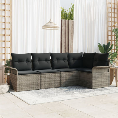 5 Piece Garden Sofa Set with Cushions Grey Poly Rattan
