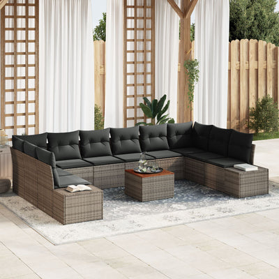 11 Piece Garden Sofa Set with Cushions Grey Poly Rattan Acacia