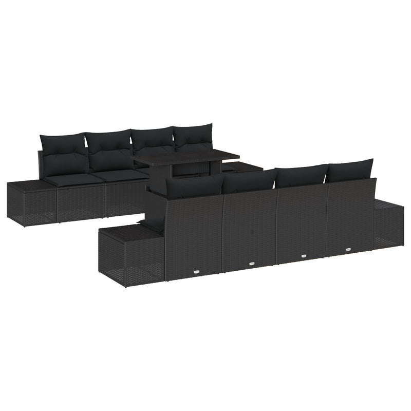 9 Piece Garden Sofa Set with Cushions Black Poly Rattan