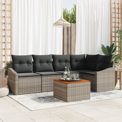 6 Piece Garden Sofa Set with Cushions Grey Poly Rattan Acacia