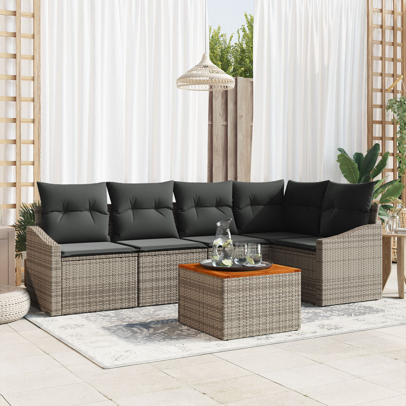 6 Piece Garden Sofa Set with Cushions Grey Poly Rattan Acacia