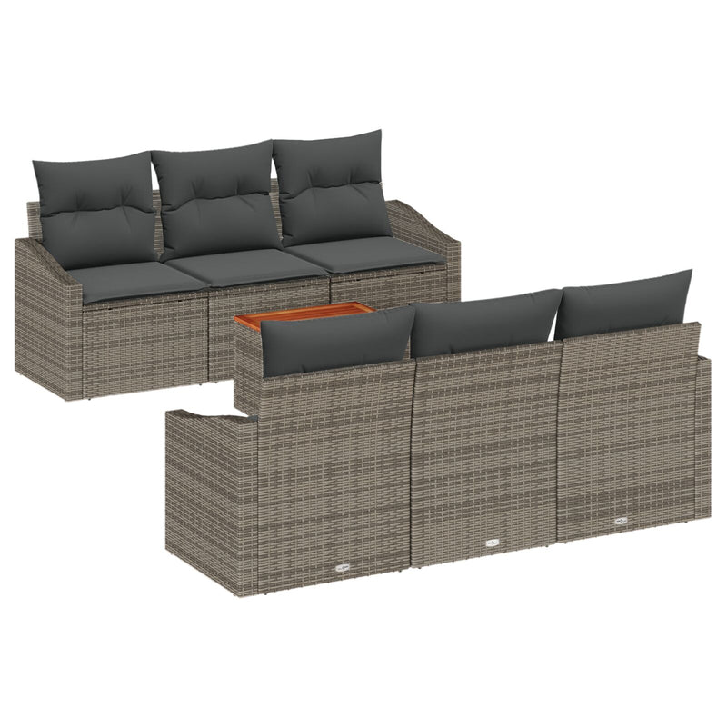 7 Piece Garden Sofa Set with Cushions Grey Poly Rattan Acacia