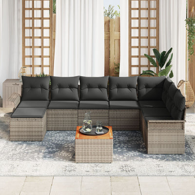 9 Piece Sofa Set with Cushions Grey Poly Rattan Acacia