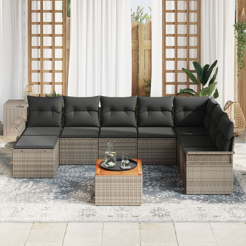 9 Piece Sofa Set with Cushions Grey Poly Rattan Acacia