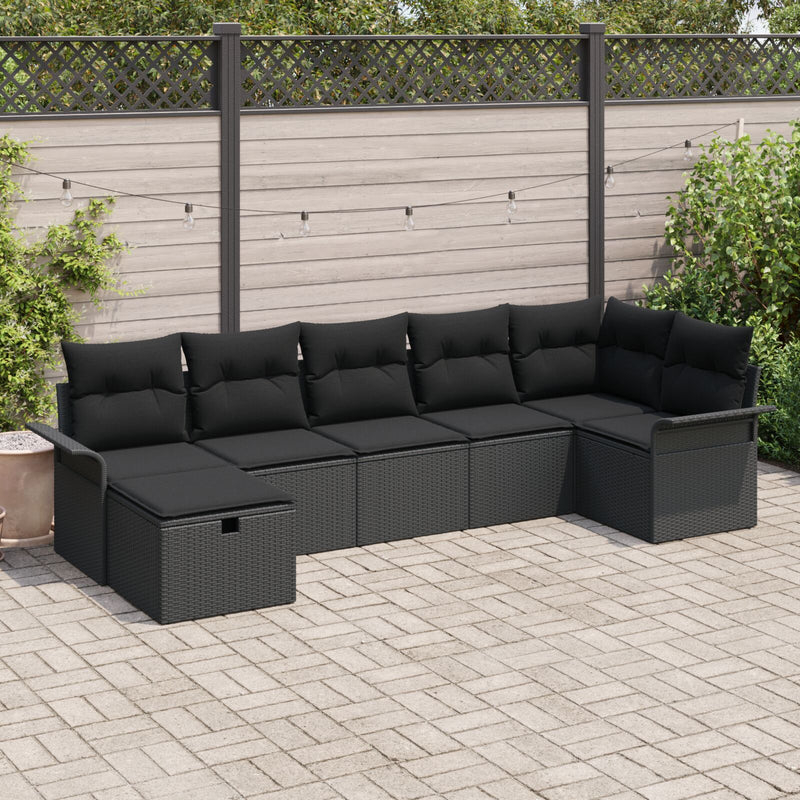 7 Piece Garden Sofa Set with Cushions Black Poly Rattan