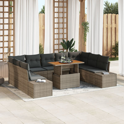 10 Piece Garden Sofa Set with Cushions Grey Poly Rattan