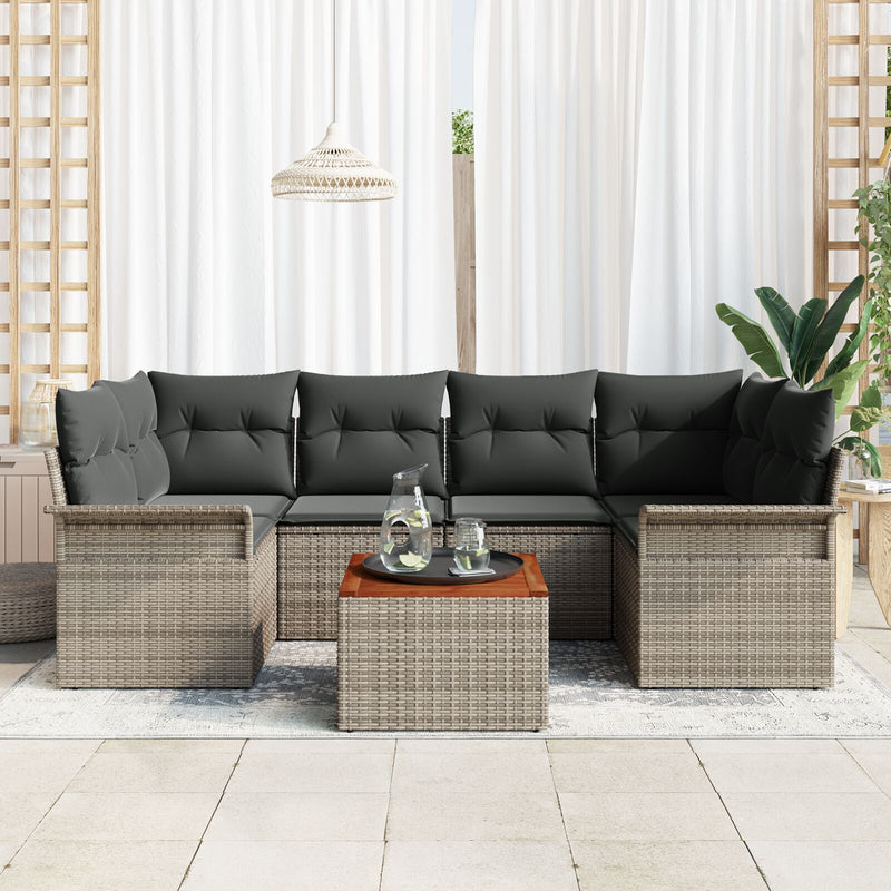 7 Piece Garden Sofa Set with Cushions Grey Poly Rattan Acacia