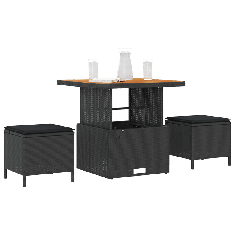3 Piece Garden Dining Set with Cushions Black Poly Rattan Acacia